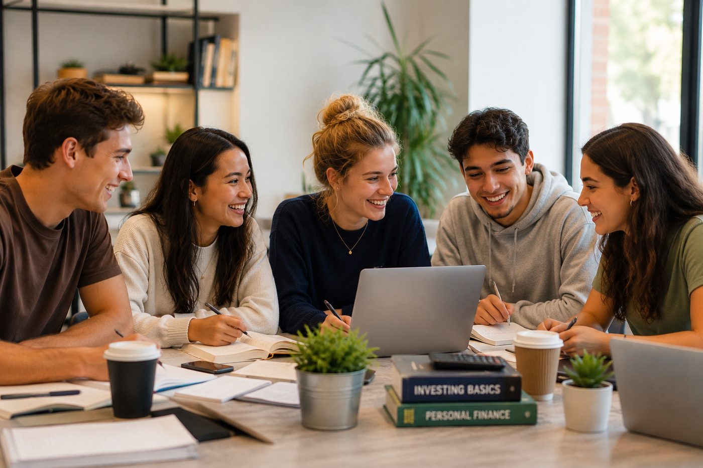 A group of five young adults smiling and studying together with laptops and personal finance books