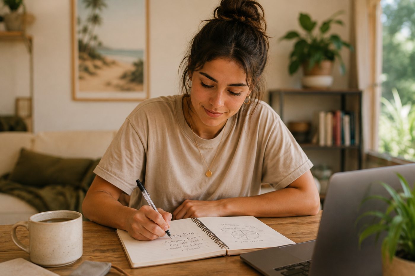 A young Australian sitting with a notebook, working out a simple savings and investing plan