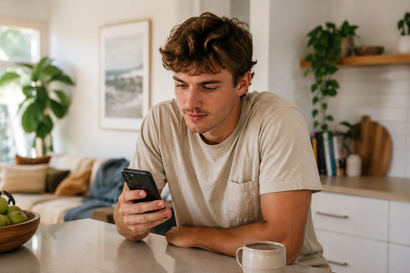 A young Australian checking their superannuation accounts on a phone at a kitchen bench